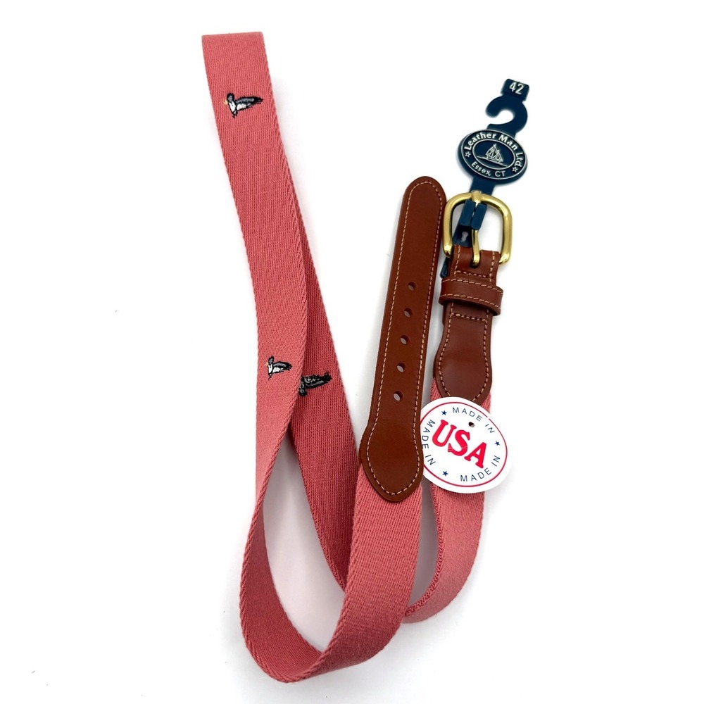 Leather‎ Man Ltd Pink Embroidered Duck Belt Size 42 USA Preppy Leather Brass